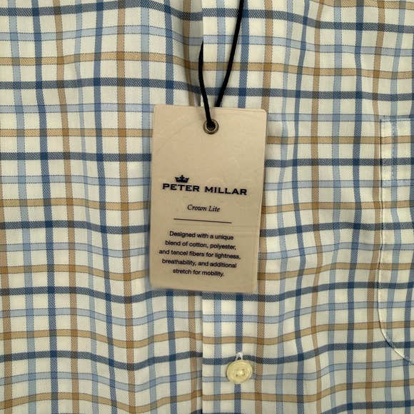 Peter Millar Crown Lite Mens Blue Tan Plaid Button Down Shirt Casual Size XL - Picture 11 of 16